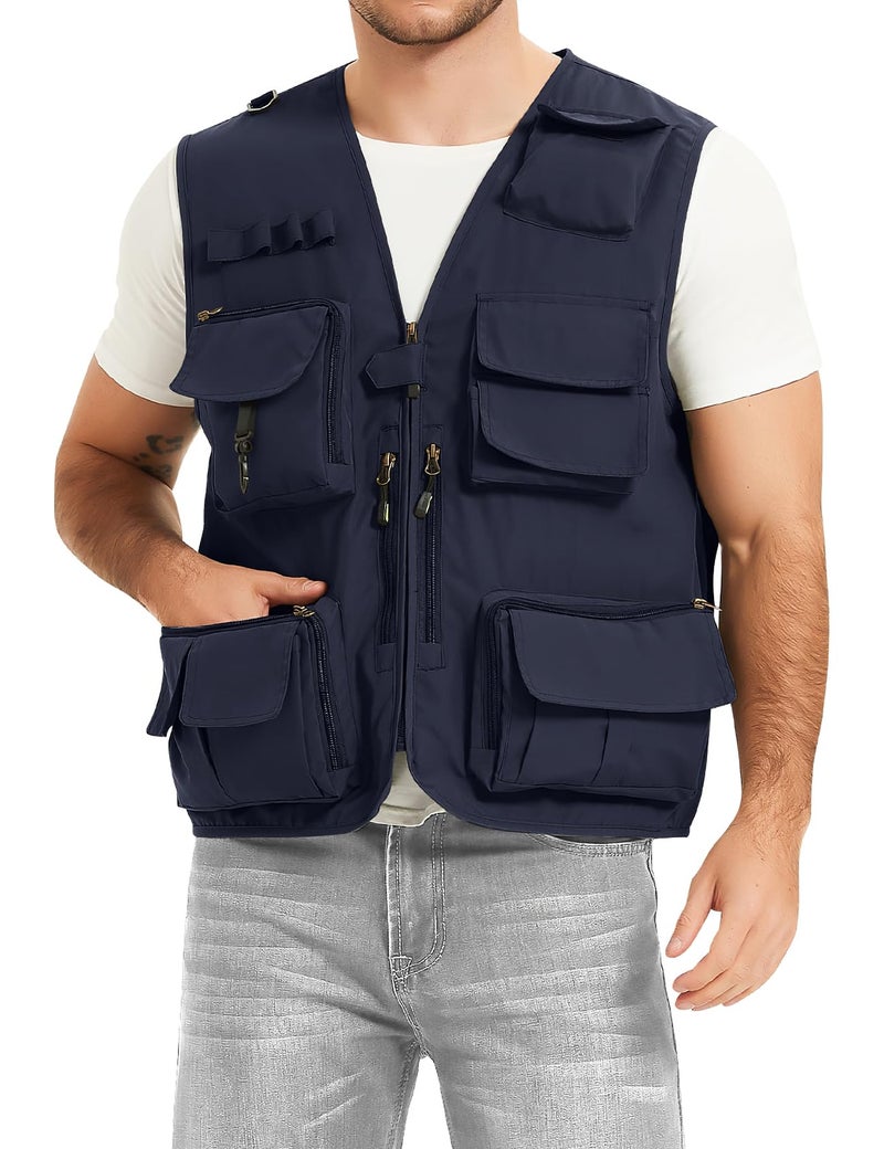 PEHMEA Men's Fishing Vest Utility Detachable Summer Vests with Pockets for Safari Travel Outdoor Work Photo Cargo Fly(Navy-XXL) - Image 4